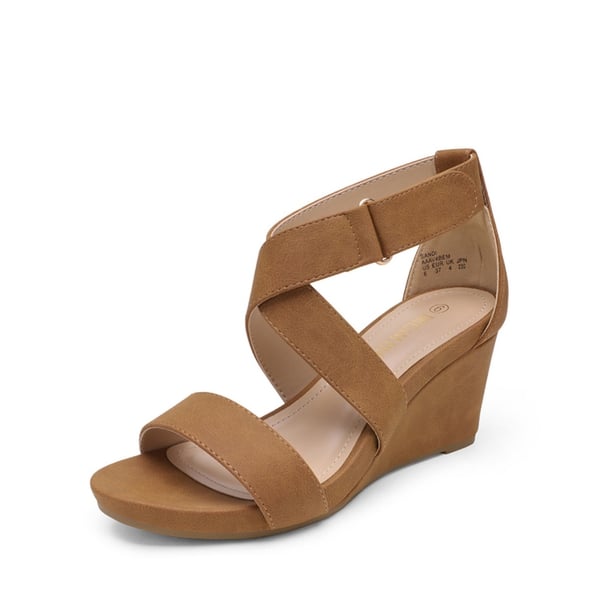 Elastic Ankle Strap Wedge Sandals - TAN NUBUCK -  0